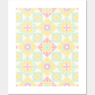 Pink, yellow and turquoise granny squares over cream Posters and Art